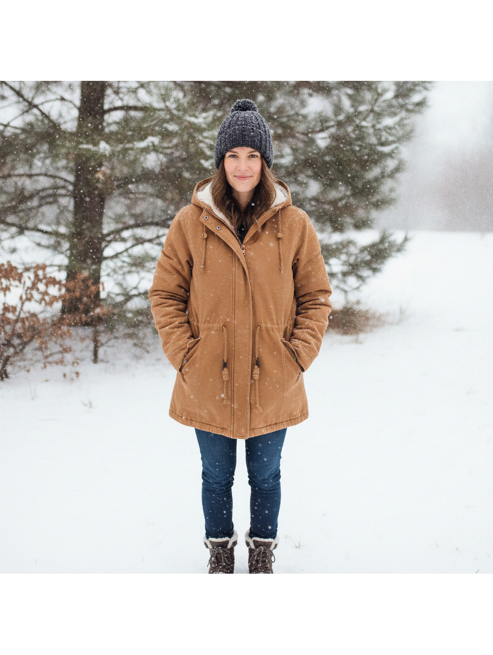 Brown Hooded Winter Coat with Drawstring Waist and Sherpa Lining